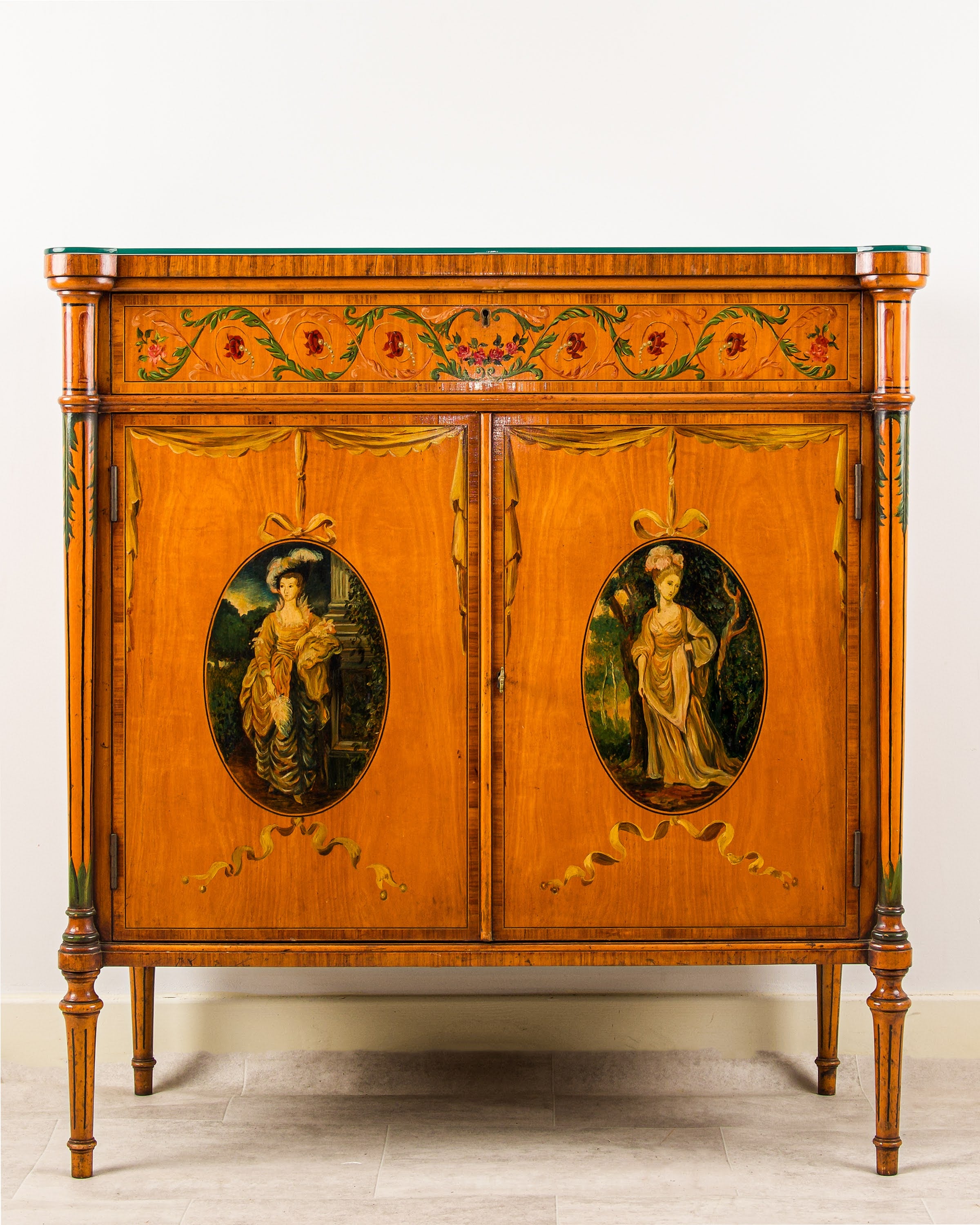Antique Satinwood Painted Side Cabinet with Figural Panels, Edwardian Period