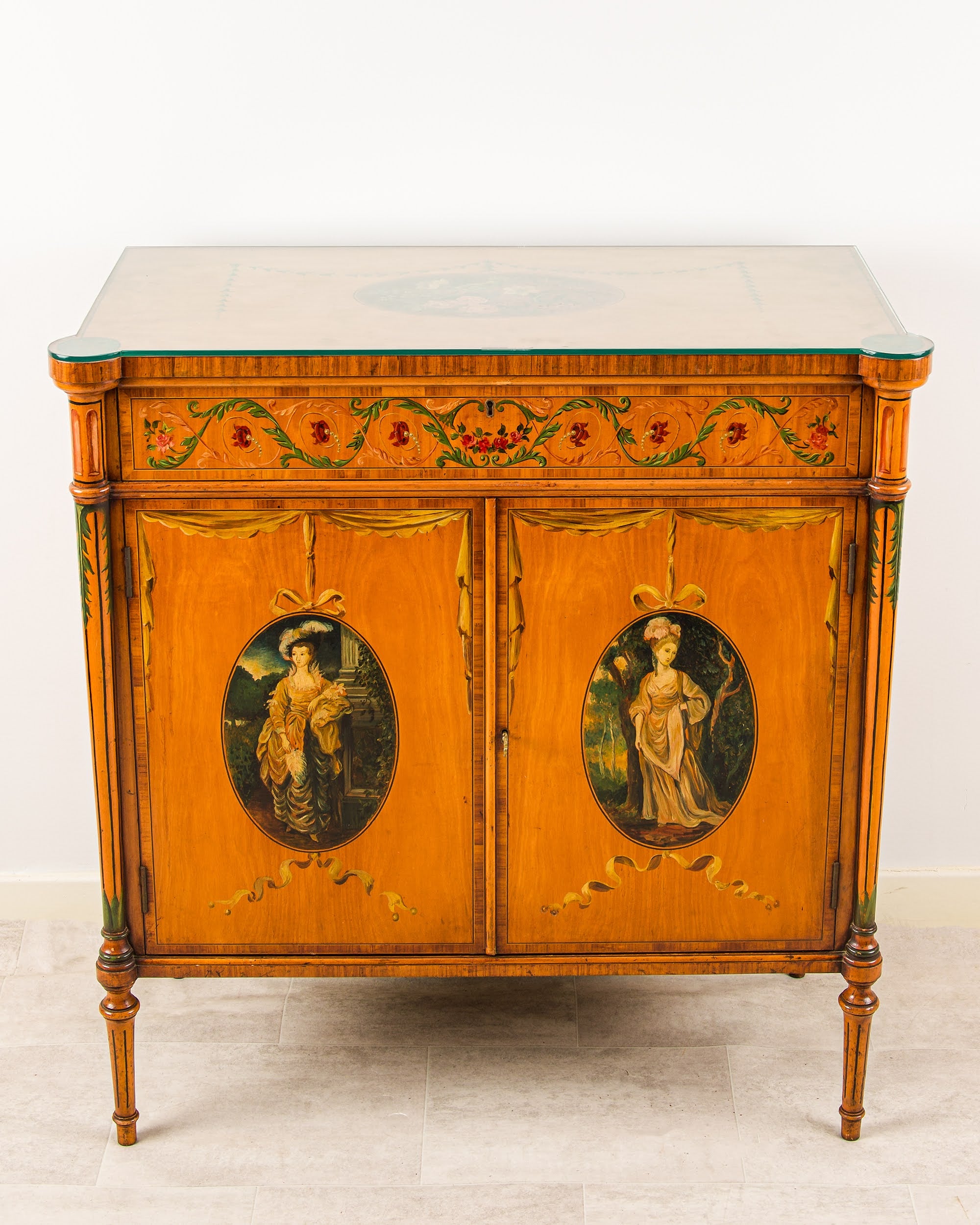 Antique Satinwood Painted Side Cabinet with Figural Panels, Edwardian Period