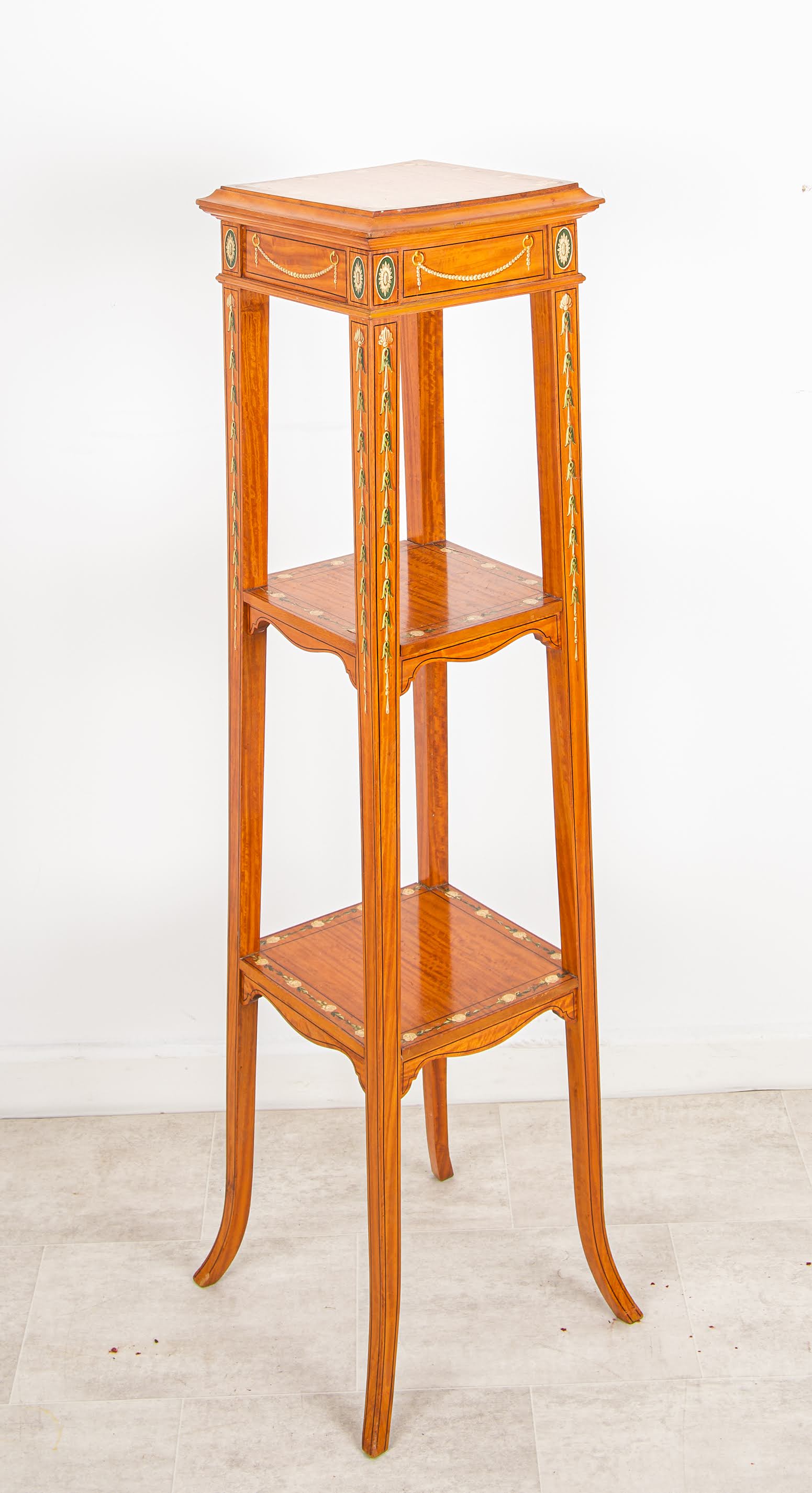 Antique Edwardian Satinwood Painted Plant Stand / Pedestal Display Table c.1900 — Hawkins Antiques, Barry, South Wales