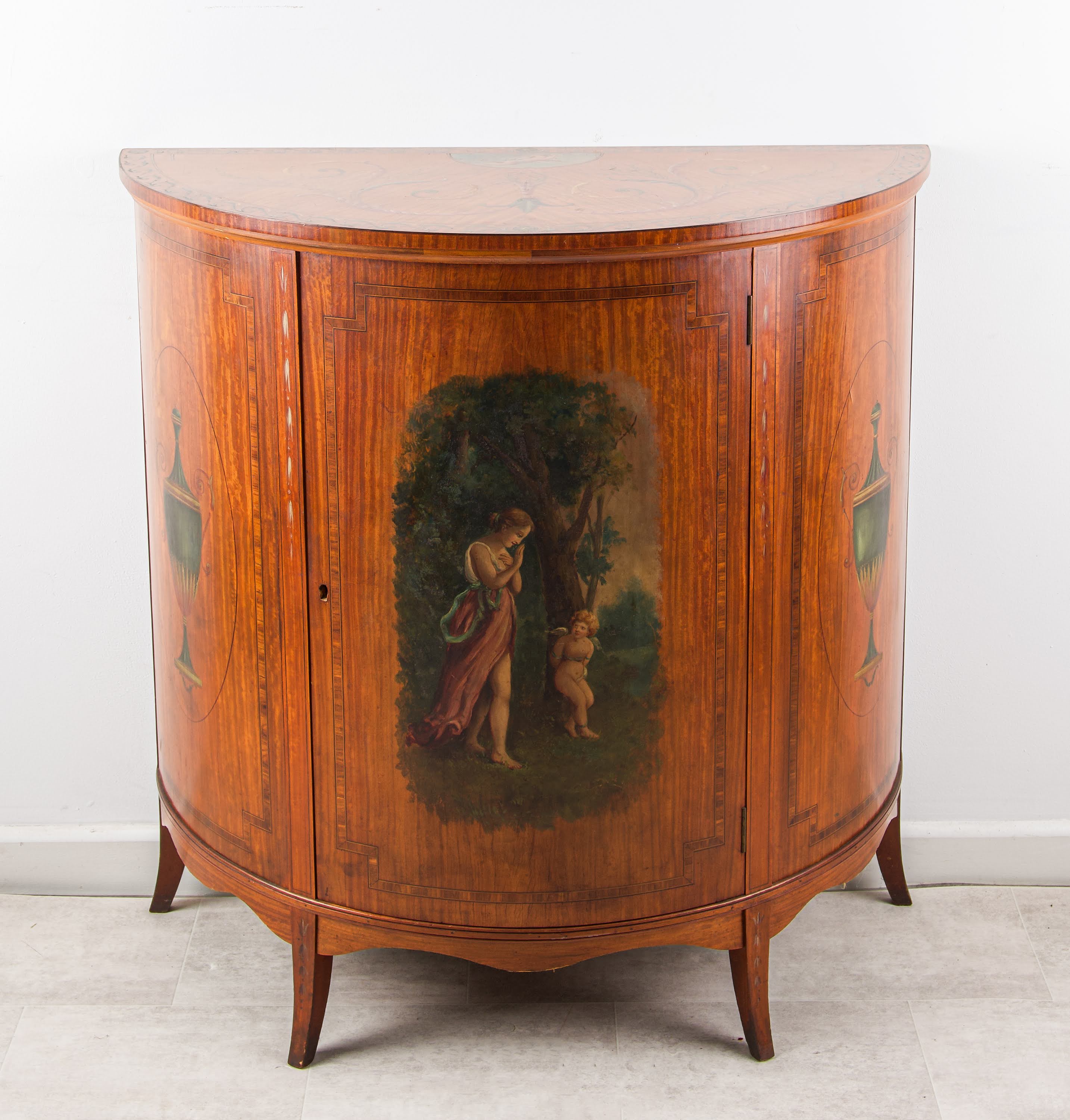 Antique Satinwood Painted Demi-Lune Side Cabinet by Flashman & Co, Dover, c.1890