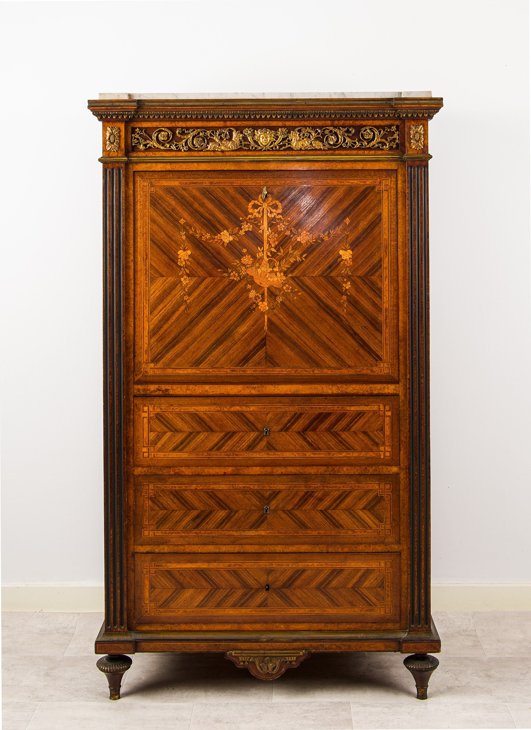 Antique French Parquetry Secrétaire with Marble Top & Gilt Bronze Mounts