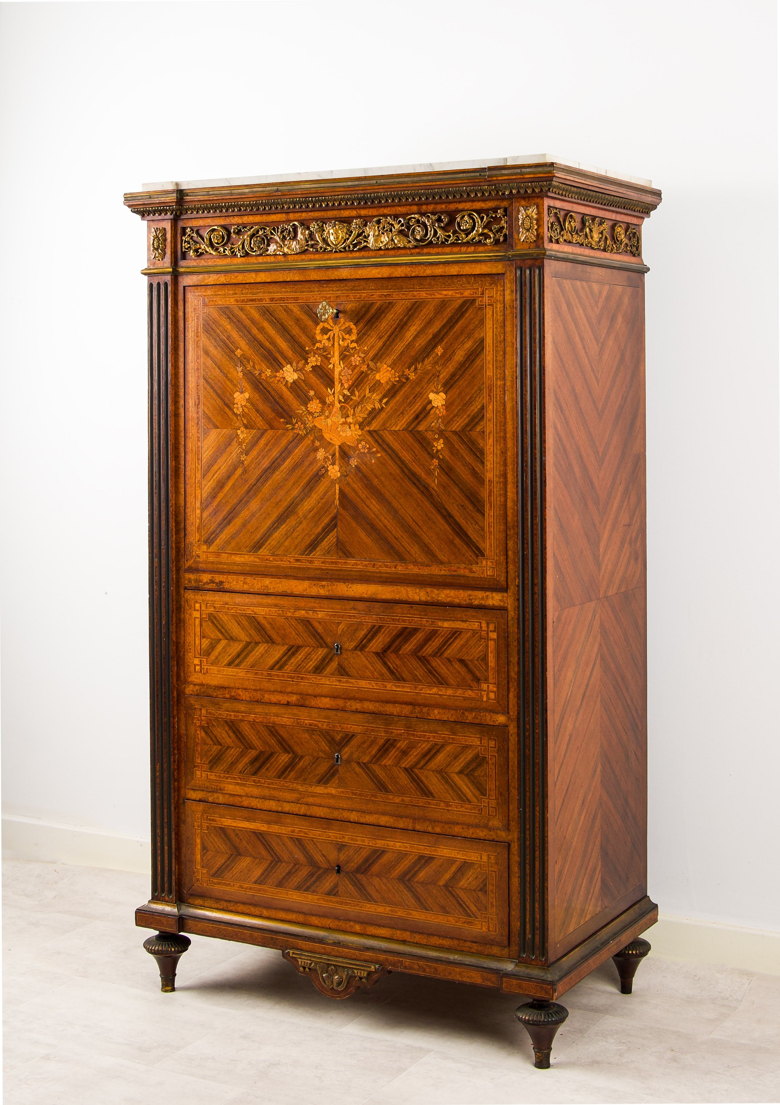 Antique French Parquetry Secrétaire with Marble Top & Gilt Bronze Mounts