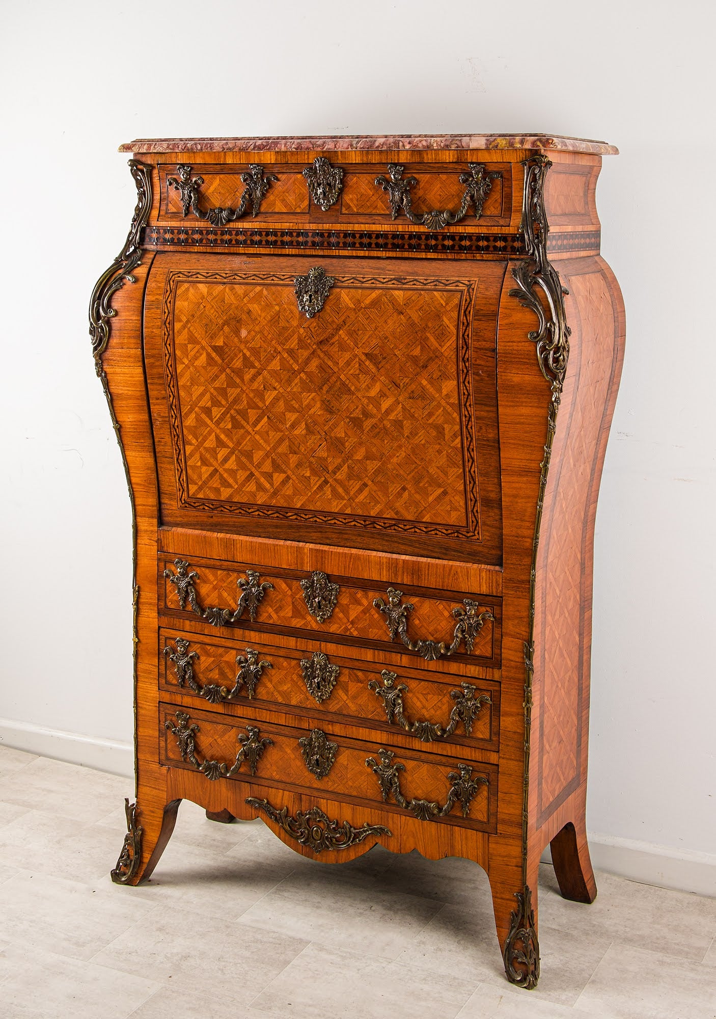 Fine French Kingwood Secrétaire Abattant with Ormolu & Marble Top, c.1900
