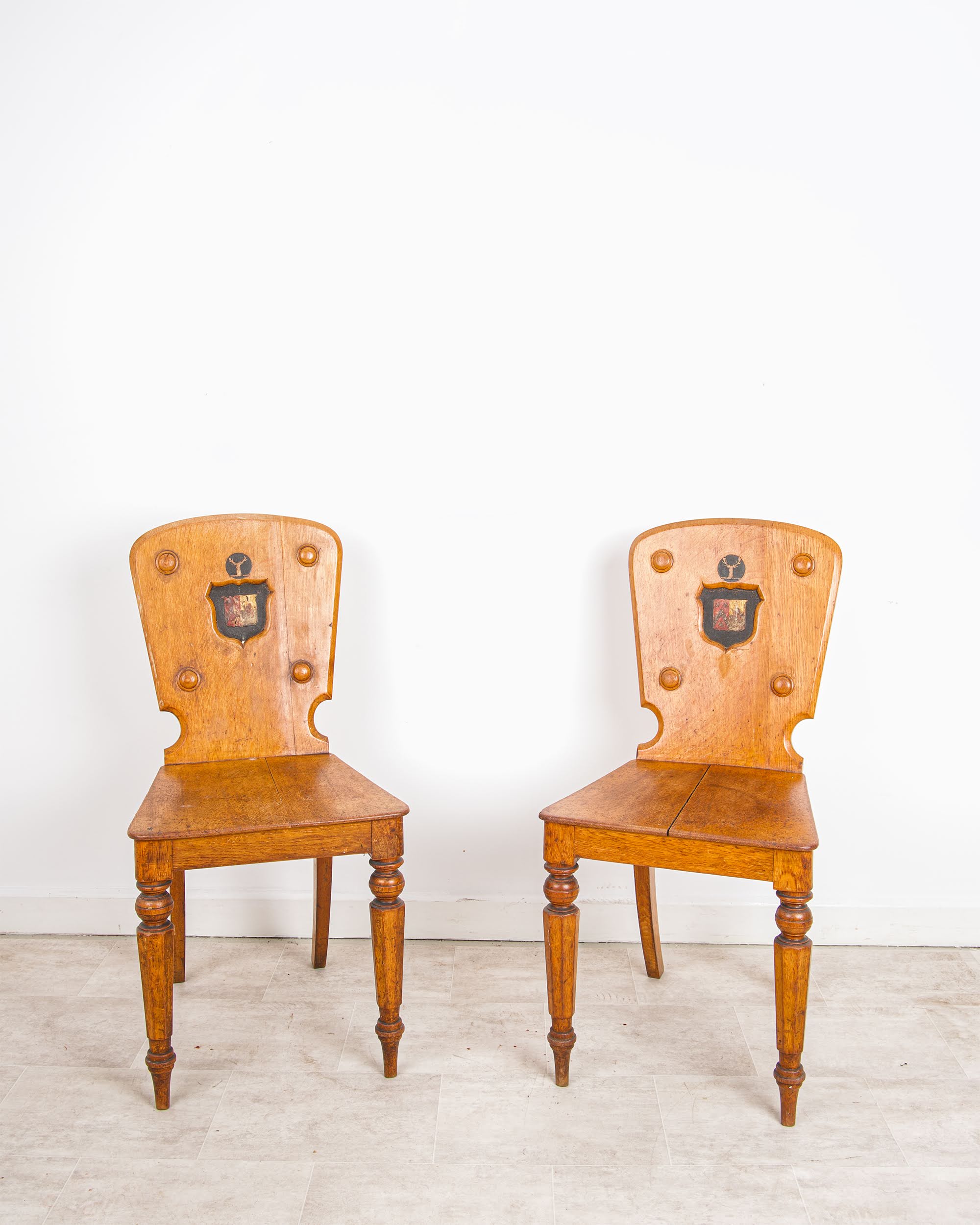 Antique Pair Of Oak Hall Chairs With Heraldic Shield Backs