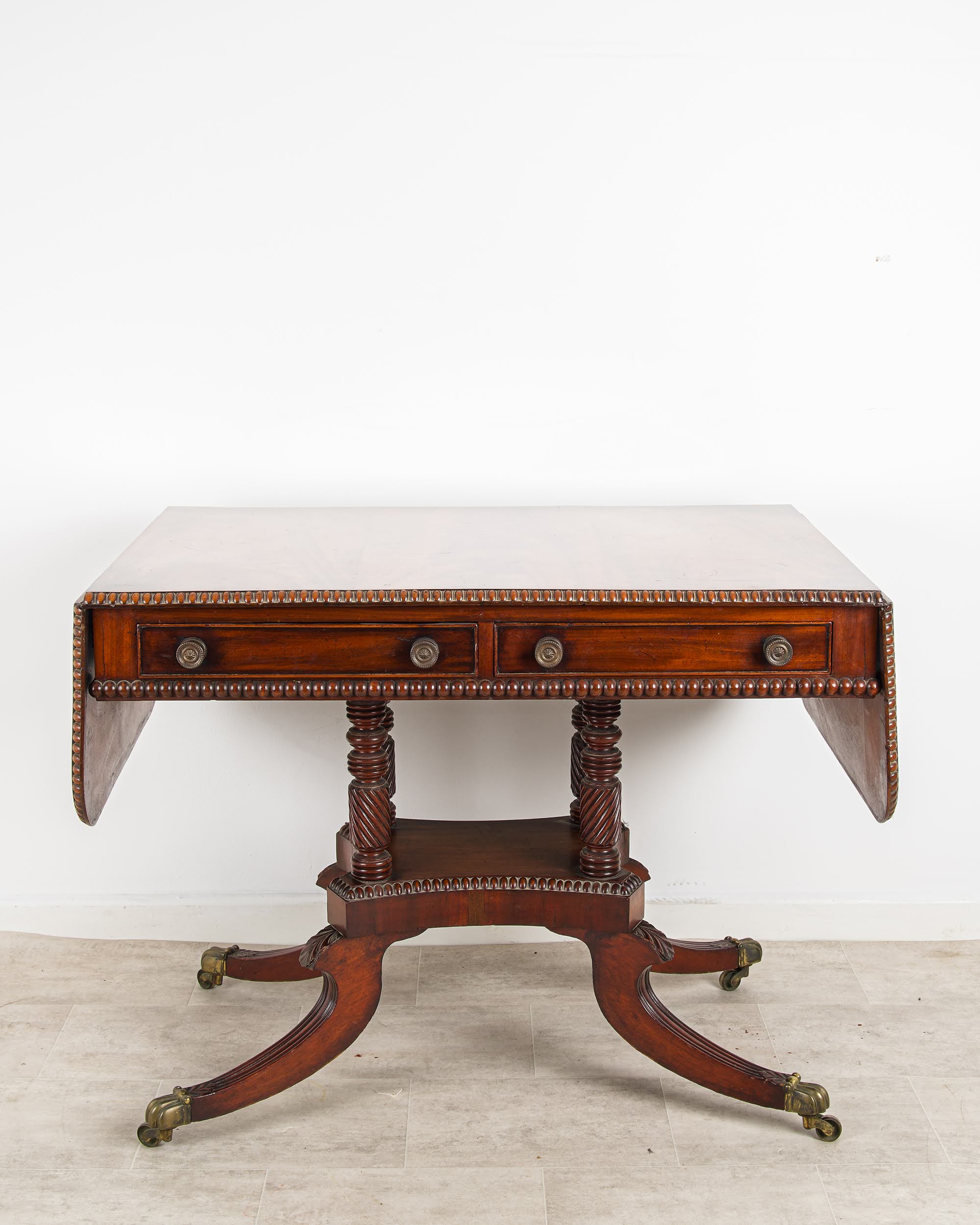 Antique Regency Mahogany Sofa Table | Drop-Leaf | Barley-Twist Columns | Lion's Paw Castors