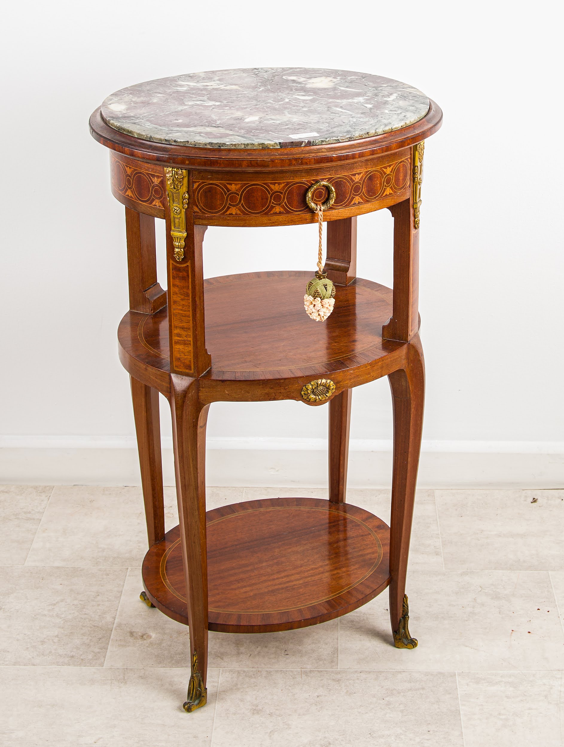 Antique French Marble Top Bedside Table - Inlaid Two Tier Side / Lamp Table with Ormolu — Hawkins Antiques