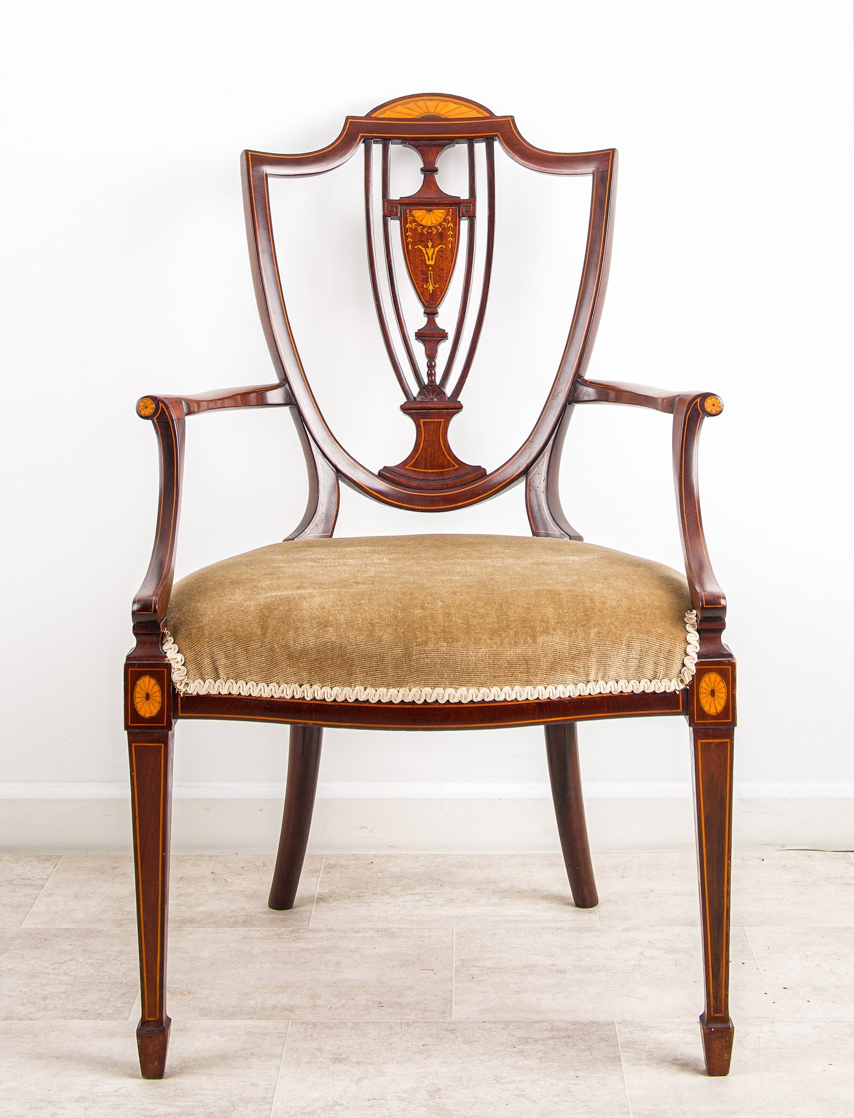 Antique Mahogany Hepplewhite Shield Back Armchair Satinwood Inlay English Open Arm Chair c.1900