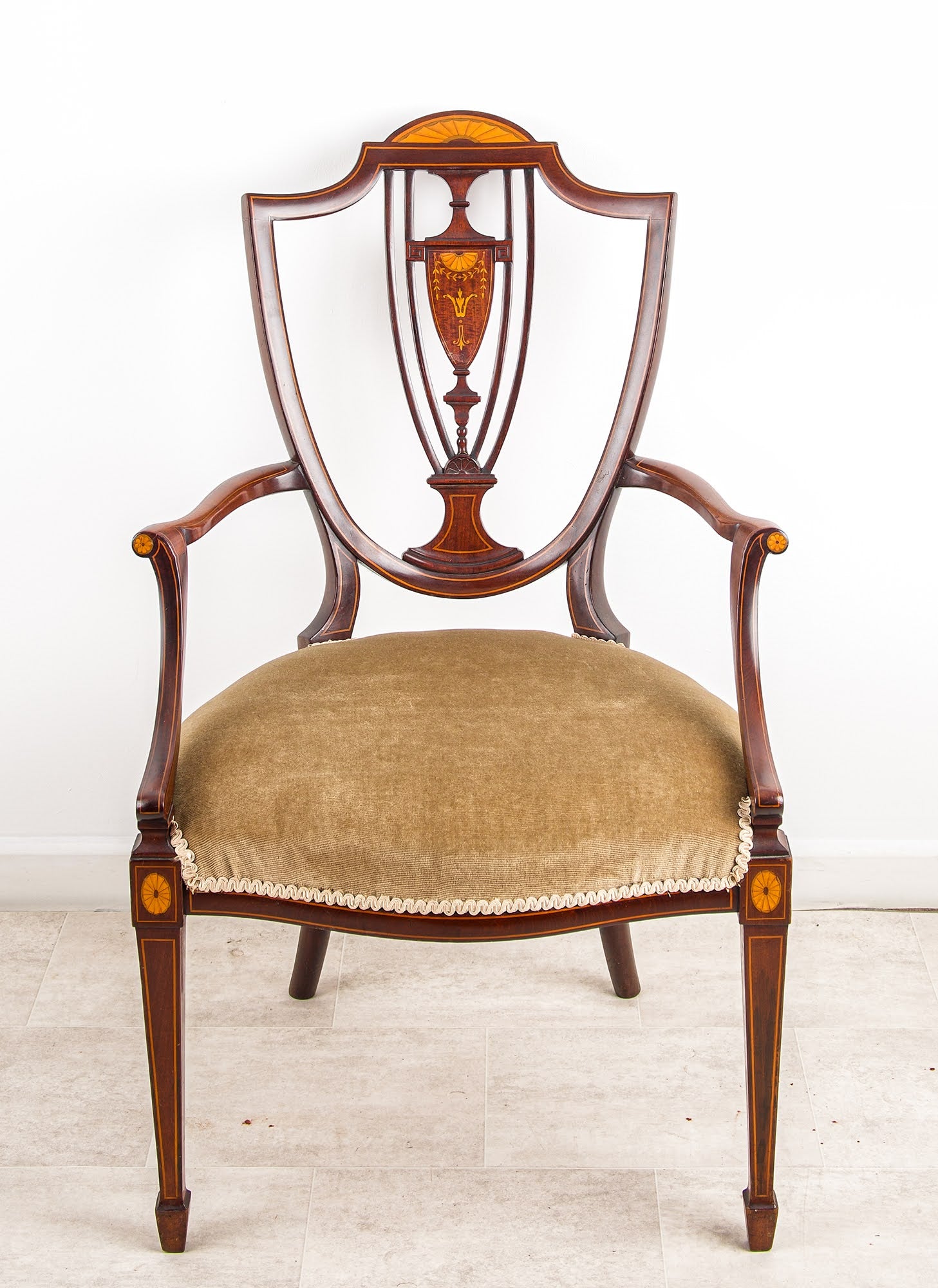 Antique Mahogany Hepplewhite Shield Back Armchair - Satinwood Inlay, English Open Arm Chair c.1900