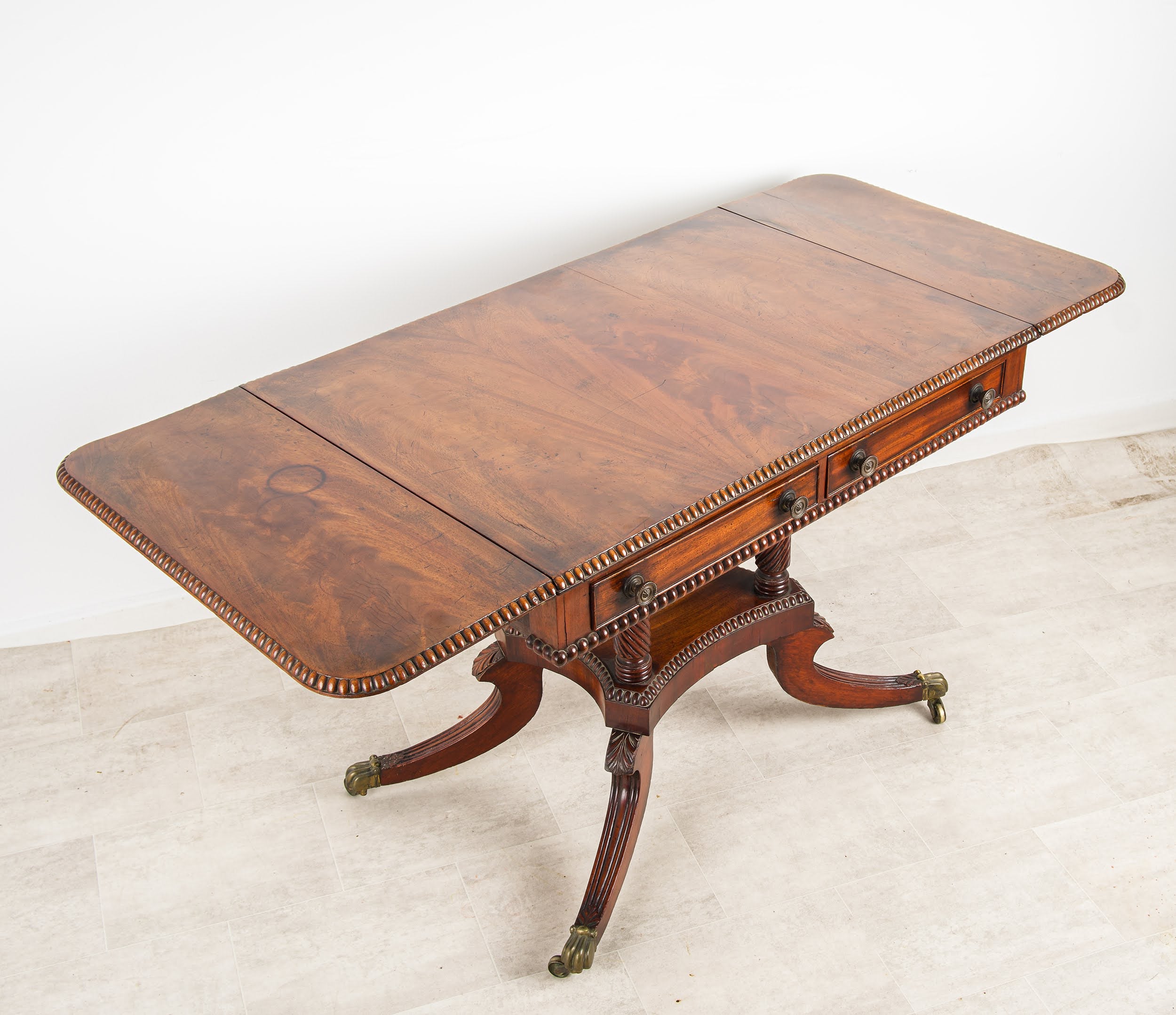 Antique Regency Mahogany Sofa Table | Drop-Leaf | Barley-Twist Columns | Lion's Paw Castors