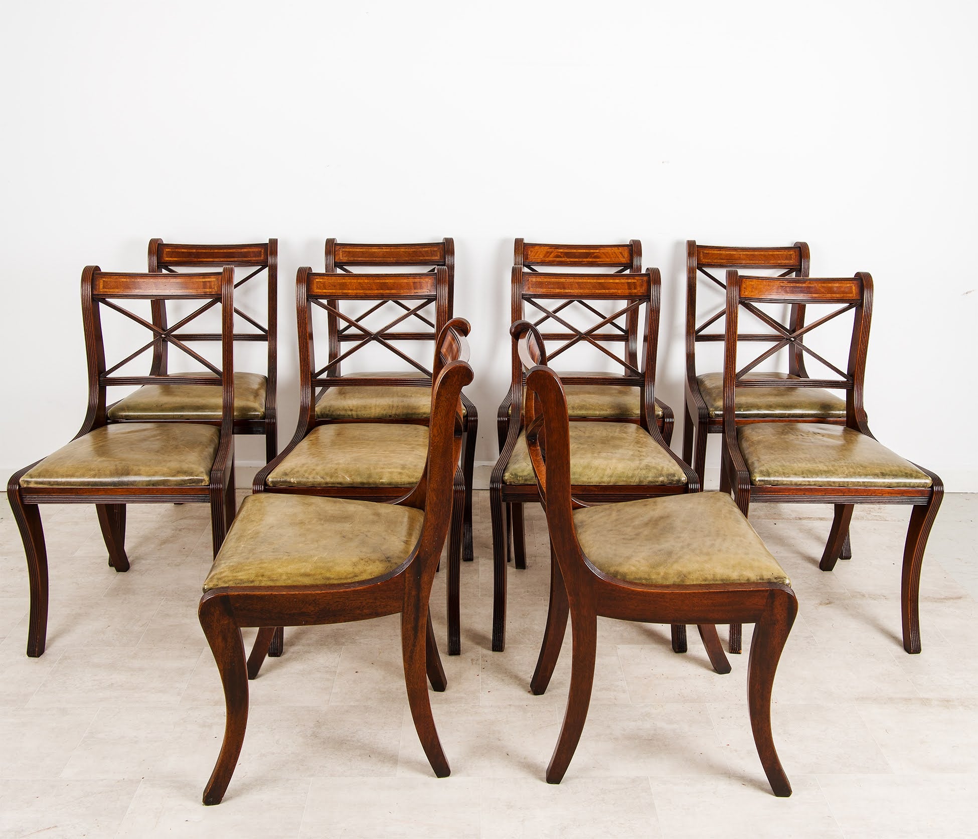 Set of Ten Regency Style Inlaid Mahogany Dining Chairs With Leather Seats