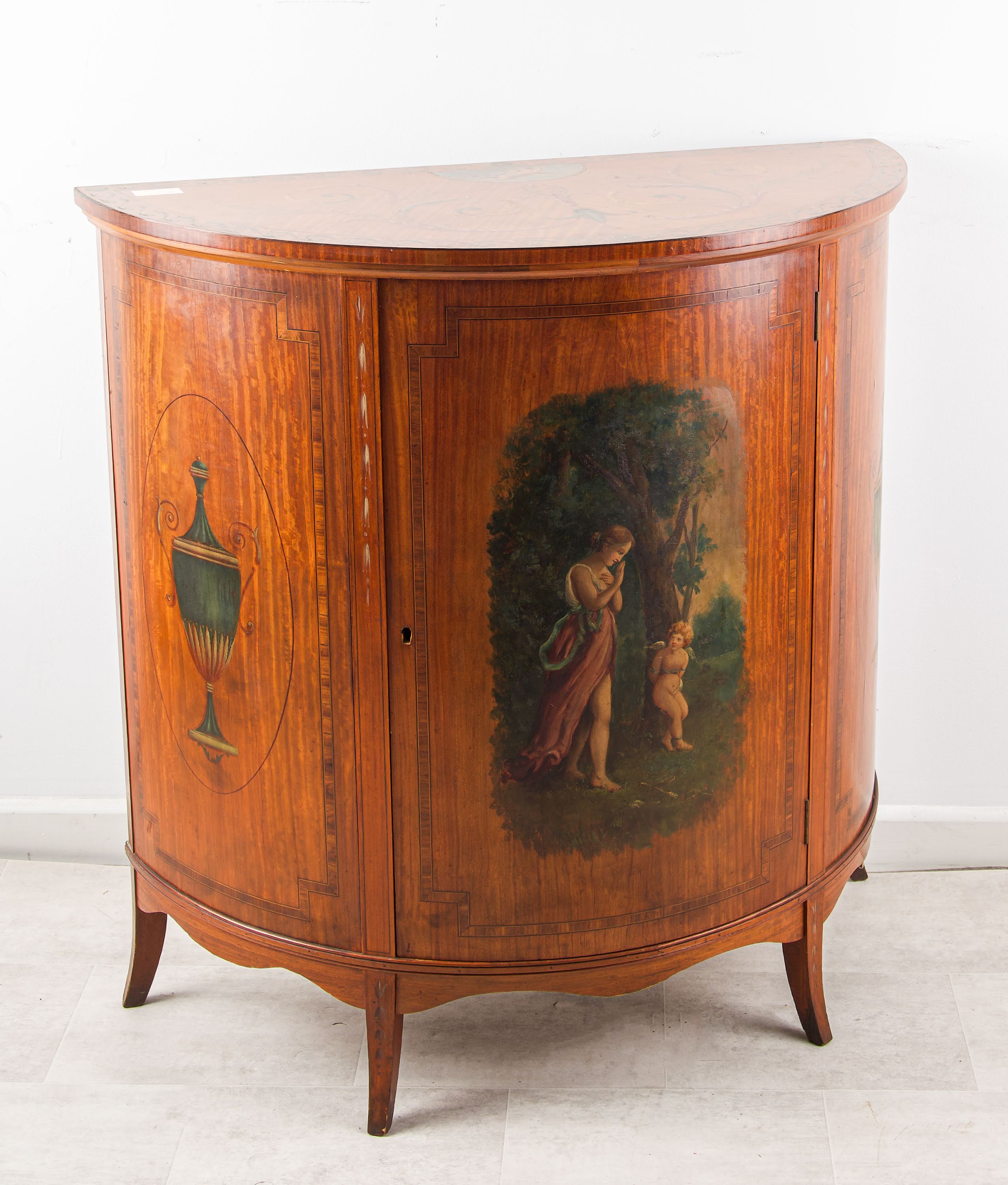 Antique Satinwood Painted Demi-Lune Side Cabinet by Flashman & Co, Dover, c.1890