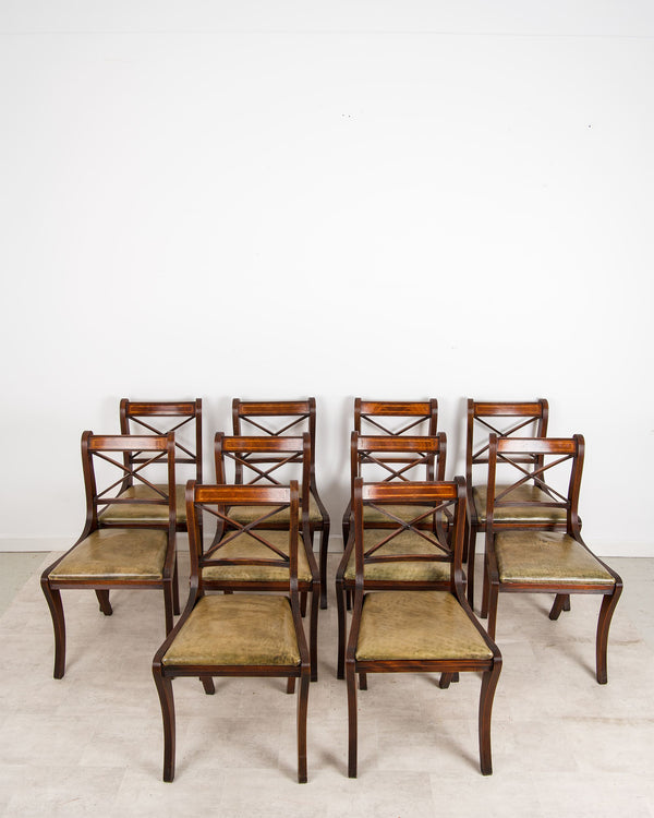 Set of Ten Regency Style Inlaid Mahogany Dining Chairs With Leather Seats