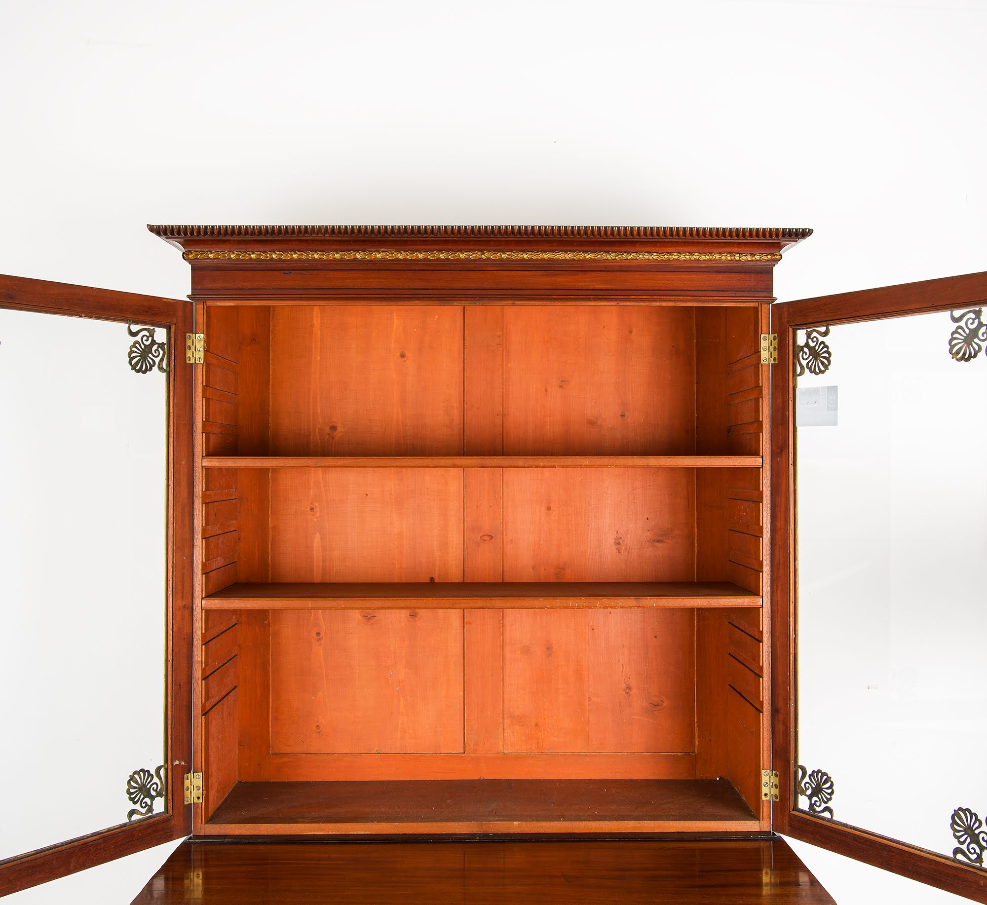 Antique Regency Mahogany Glazed Bookcase Cabinet c.1815 - Brass Mounts, Ebonised Columns & Original Castors