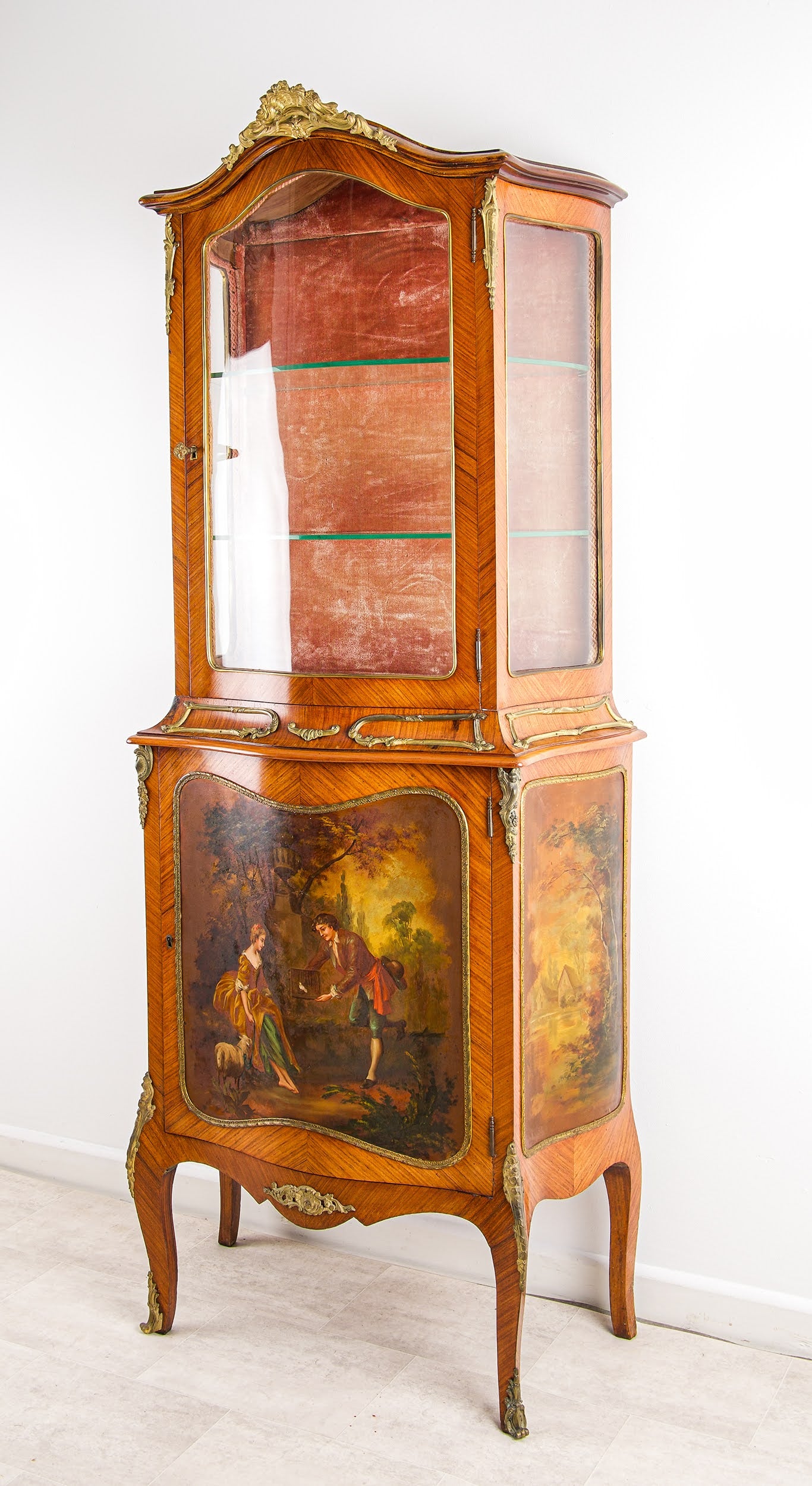 Antique French Kingwood Vernis Martin Display Cabinet - 19th Century Ormolu Vitrine