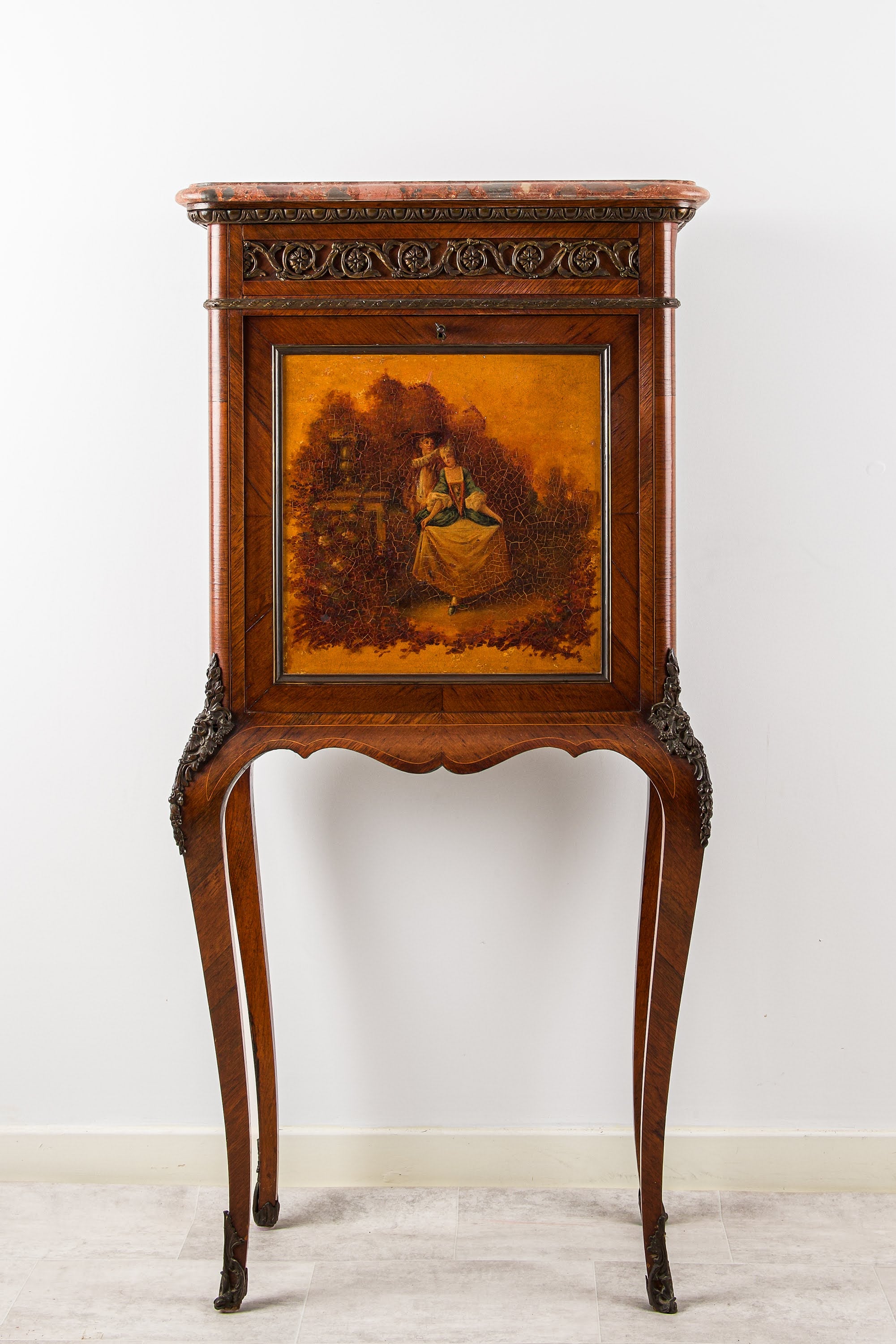 Antique French Vernis Martin Marble Top Secretaire Cabinet with Hidden Drawer, c.1890