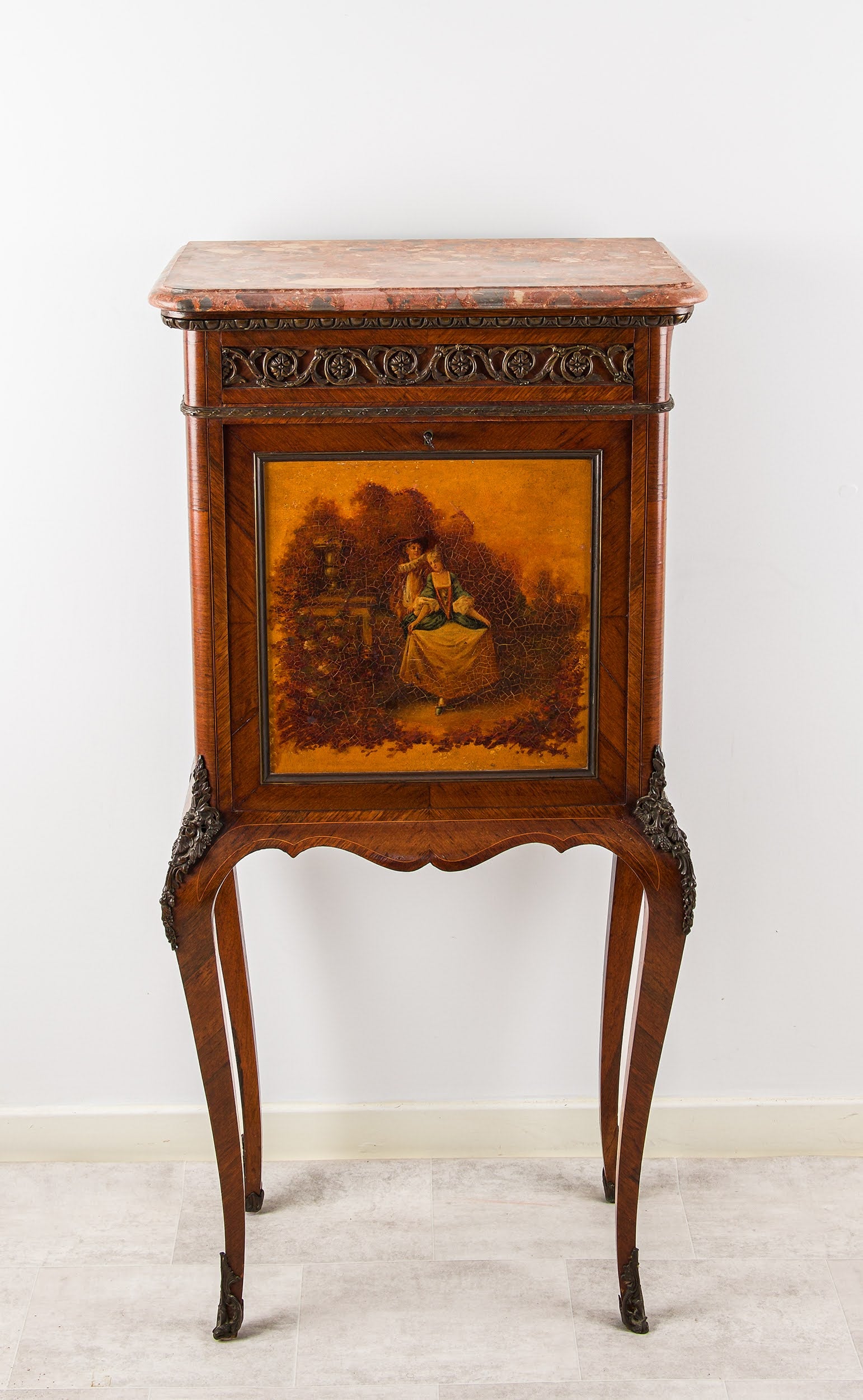 Antique French Vernis Martin Marble Top Secretaire Cabinet with Hidden Drawer, c.1890