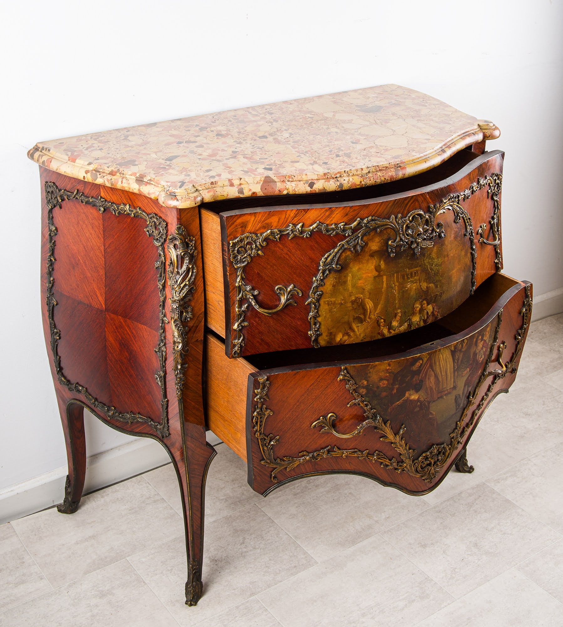 Antique French Vernis Martin Bombe Commode with Breccia Marble Top & Ormolu, c.1880