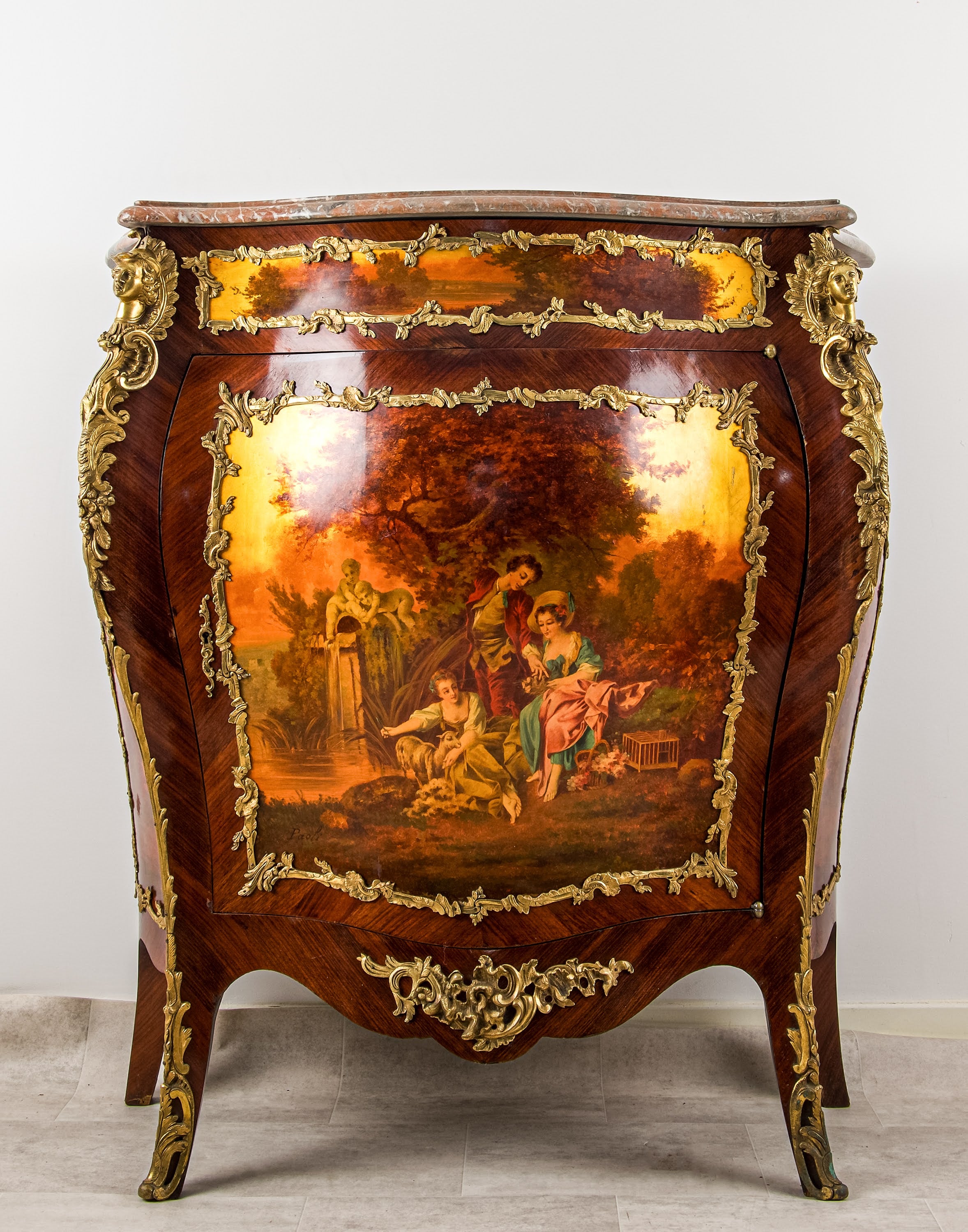 Antique French Vernis Martin Bombe Cabinet with Marble Top & Ormolu Mounts, c.1900