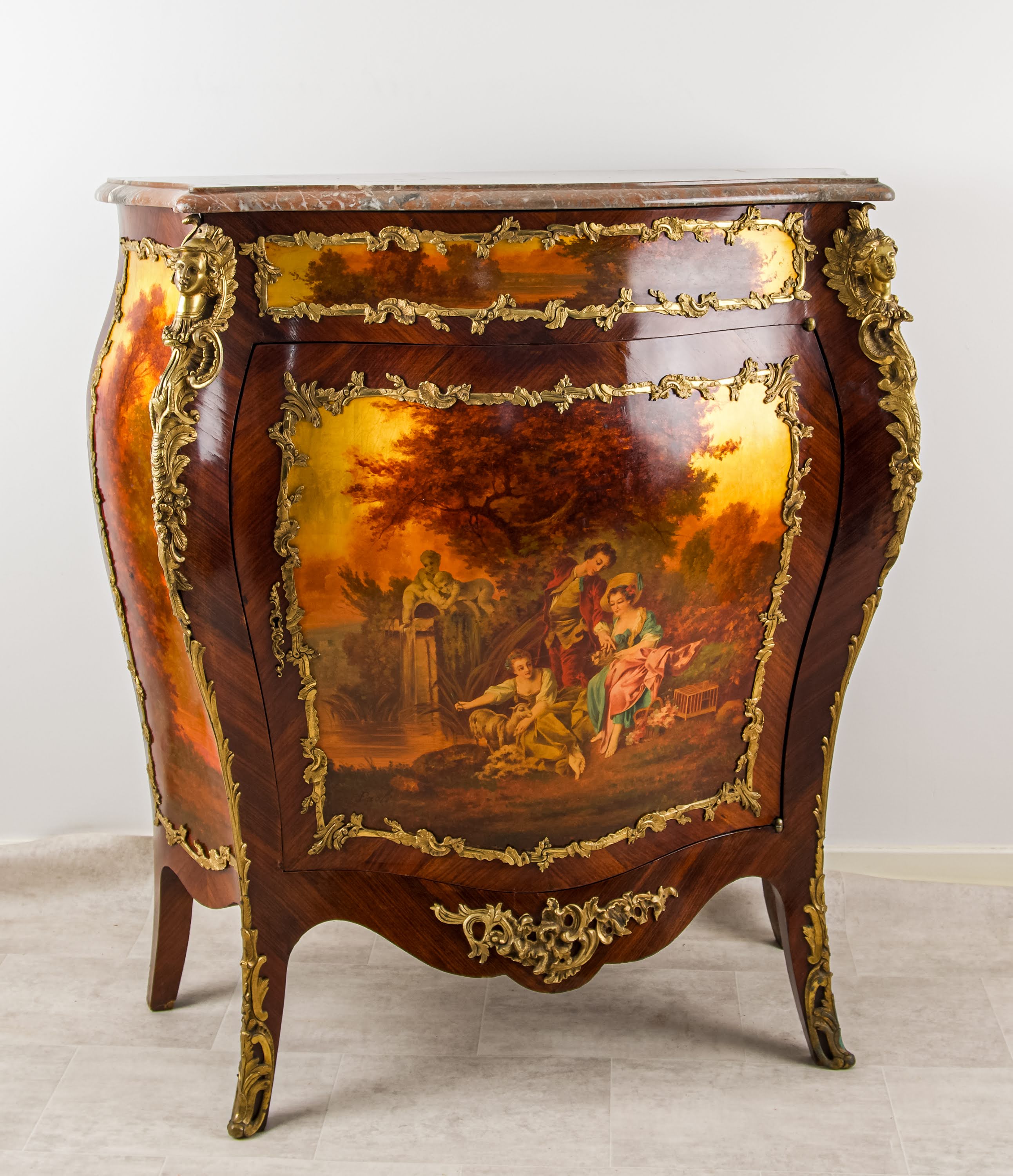 Antique French Vernis Martin Bombe Cabinet with Marble Top & Ormolu Mounts, c.1900
