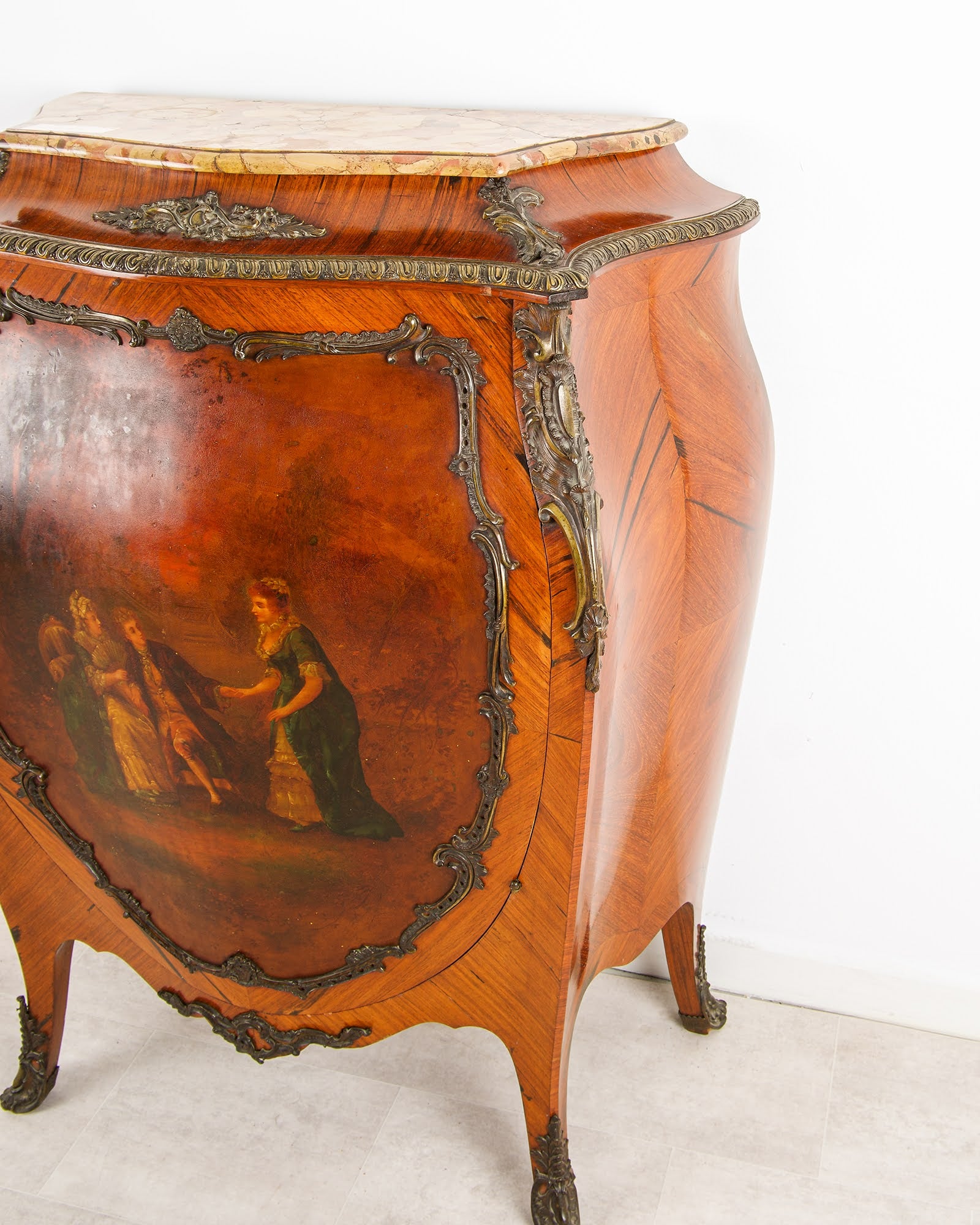 Vernis Martin Painted Panels on Antique French Louis XV Kingwood Bombé Commode - Hawkins Antiques