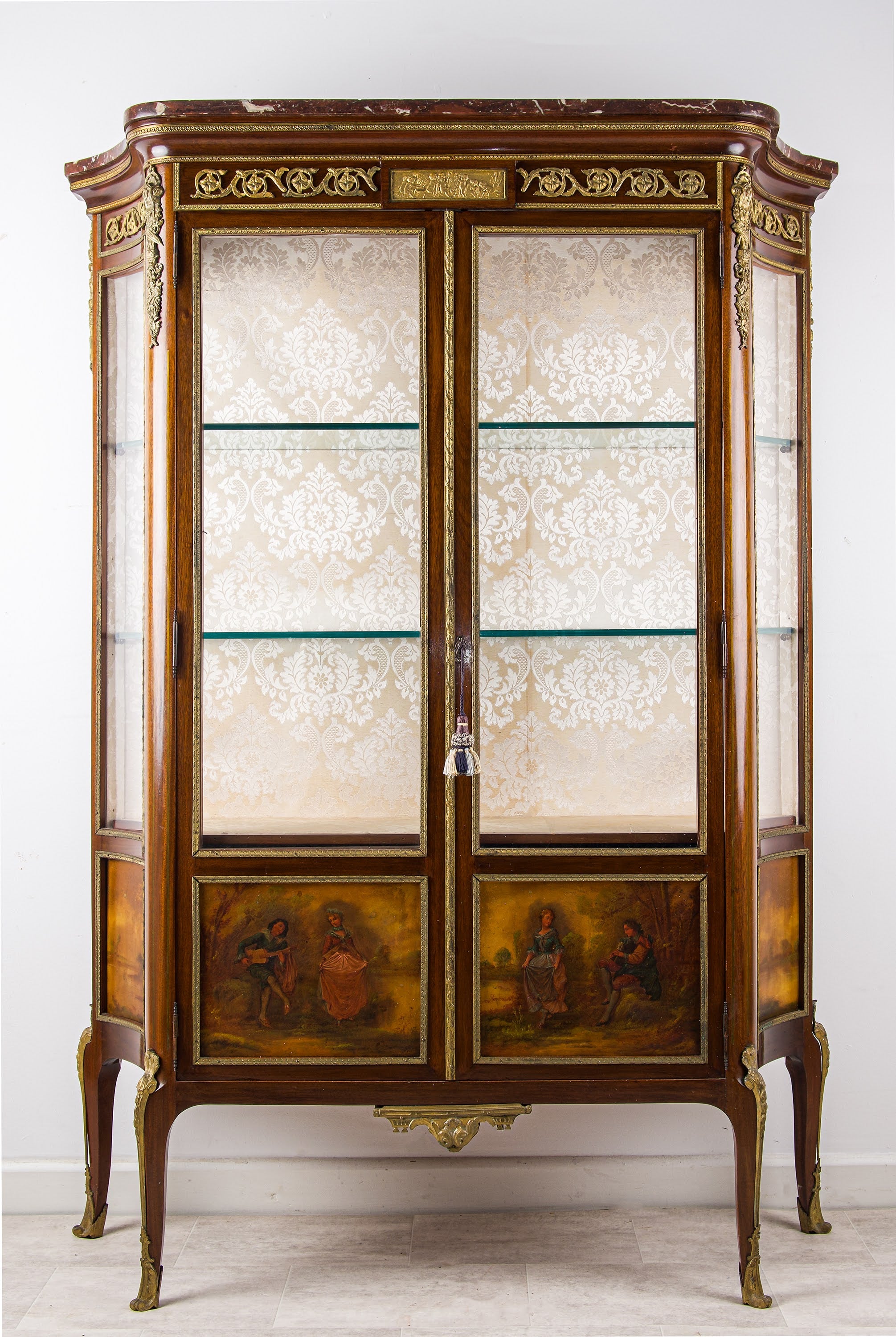 Antique French Vernis Martin Vitrine Cabinet with Marble Top & Ormolu Mounts, c.1880