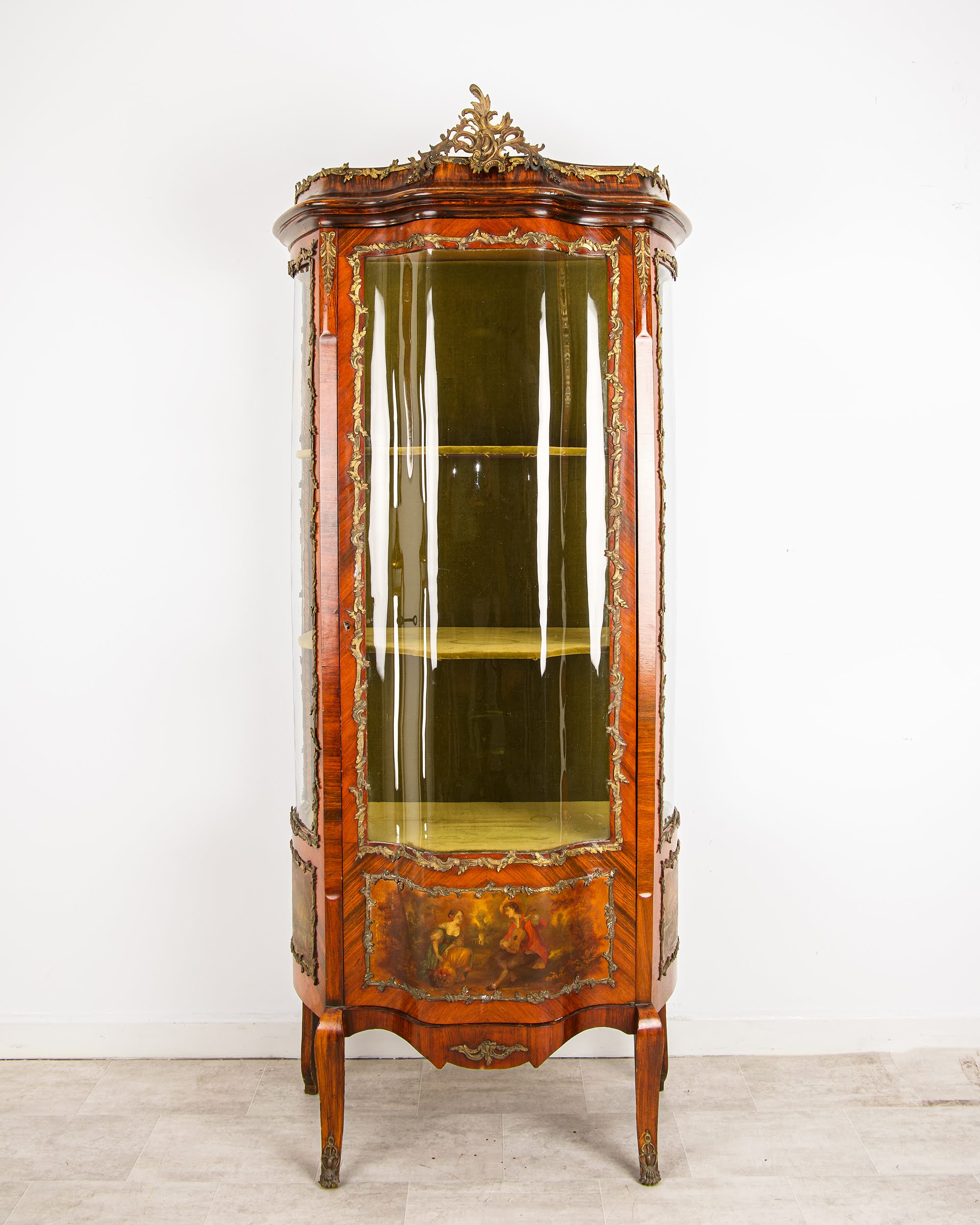 19th Century French Kingwood Vitrine Display Cabinet - Vernis Martin Panels, Ormolu Mounts & Curved Glass