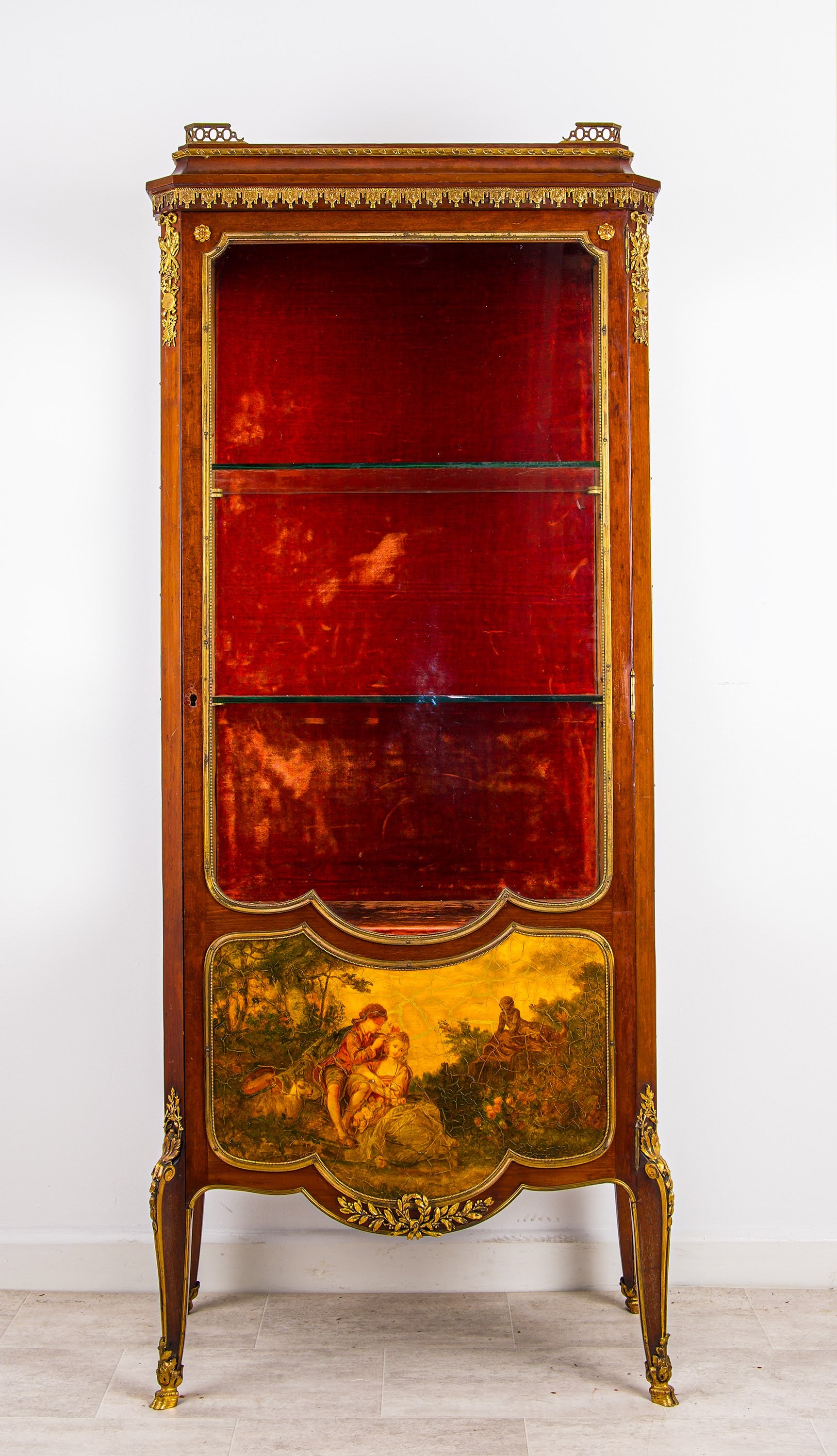 Antique French Vernis Martin Display Cabinet - Ormolu Mounted Glass Vitrine With Painted Panel
