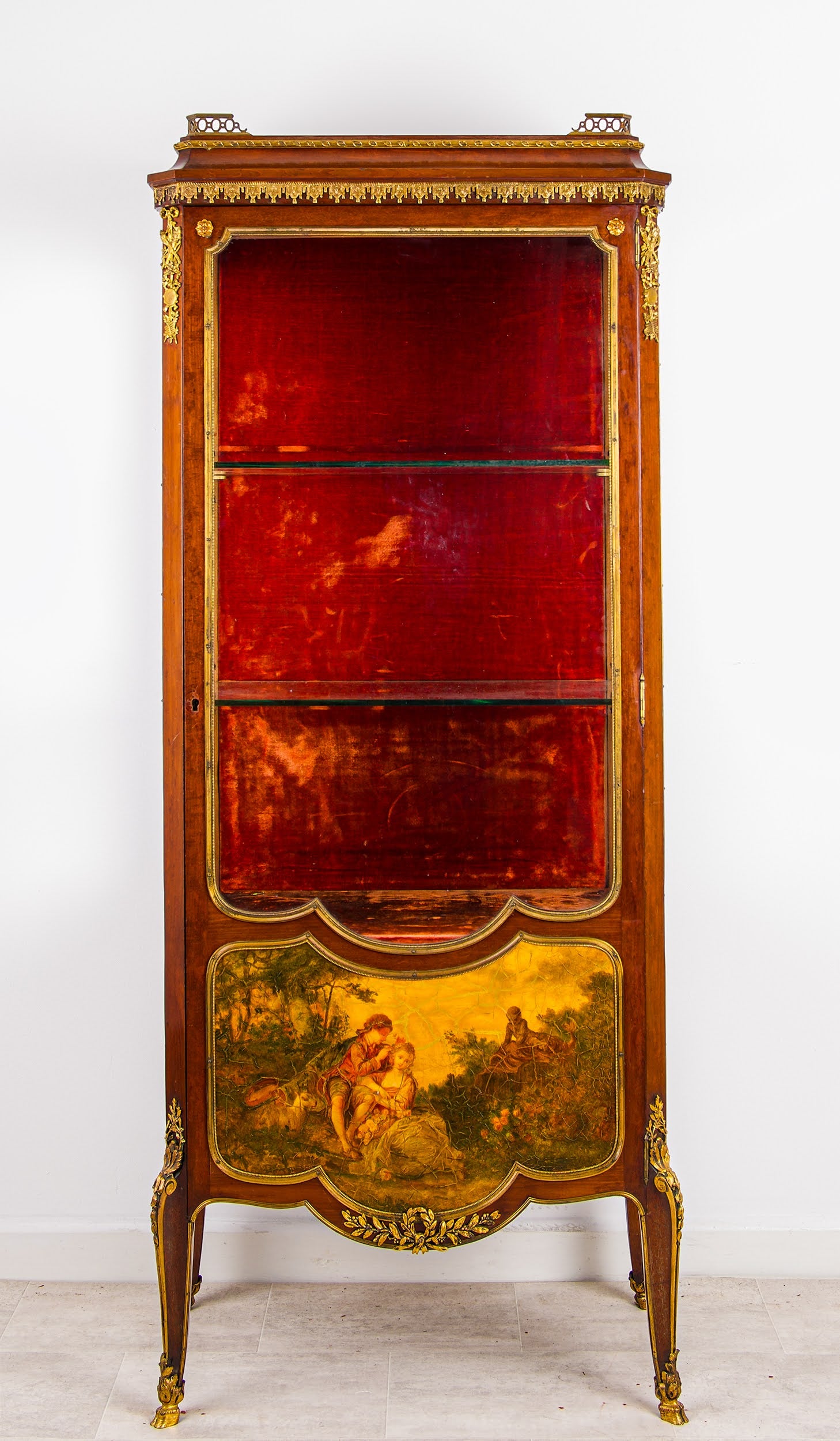 Antique French Vernis Martin Display Cabinet - Ormolu Mounted Glass Vitrine With Painted Panel
