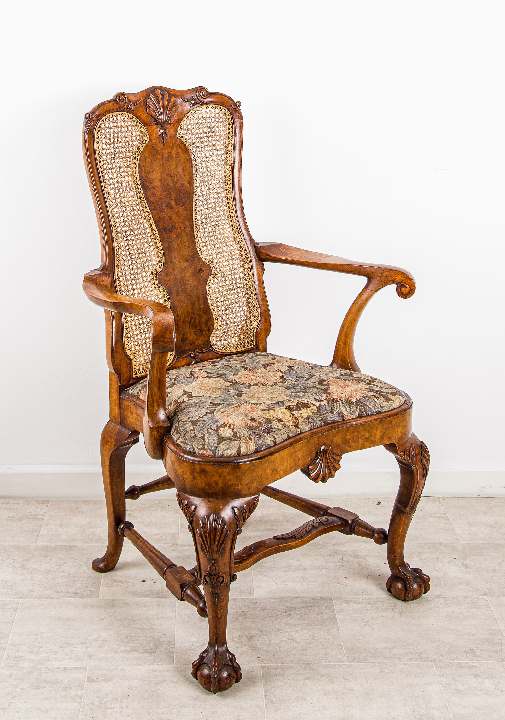 Antique Walnut Queen Anne Style Armchair - Cabriole Legs, Claw & Ball Feet, Caned Back, C.1910