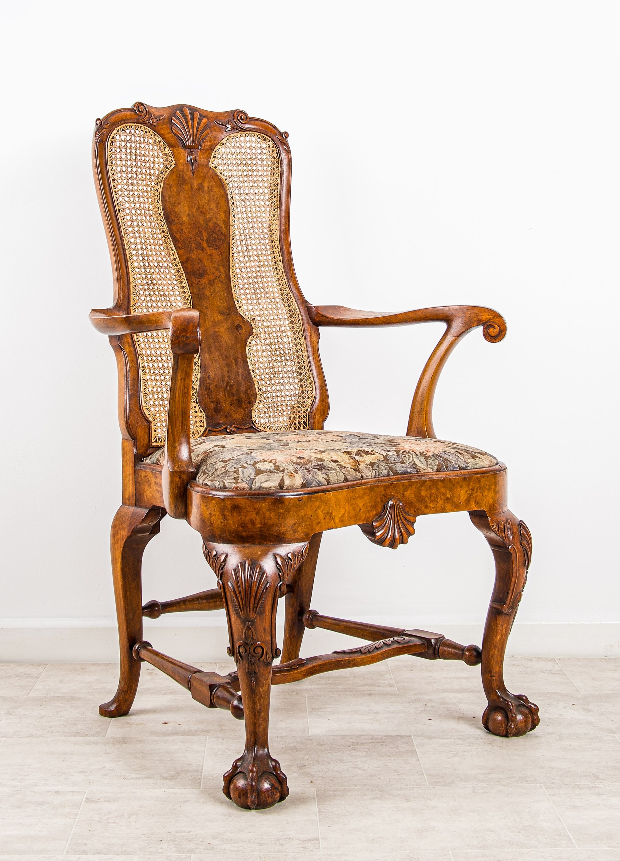 Antique Walnut Queen Anne Style Armchair - Cabriole Legs, Claw & Ball Feet, Caned Back, C.1910