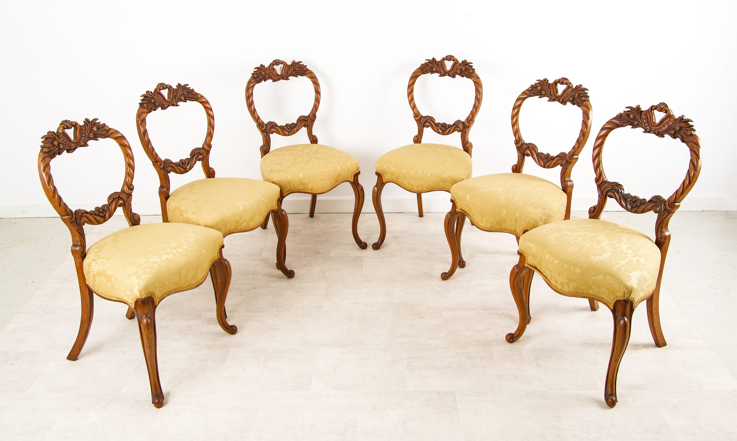 Set Of Six Antique Walnut Balloon Back Dining Chairs